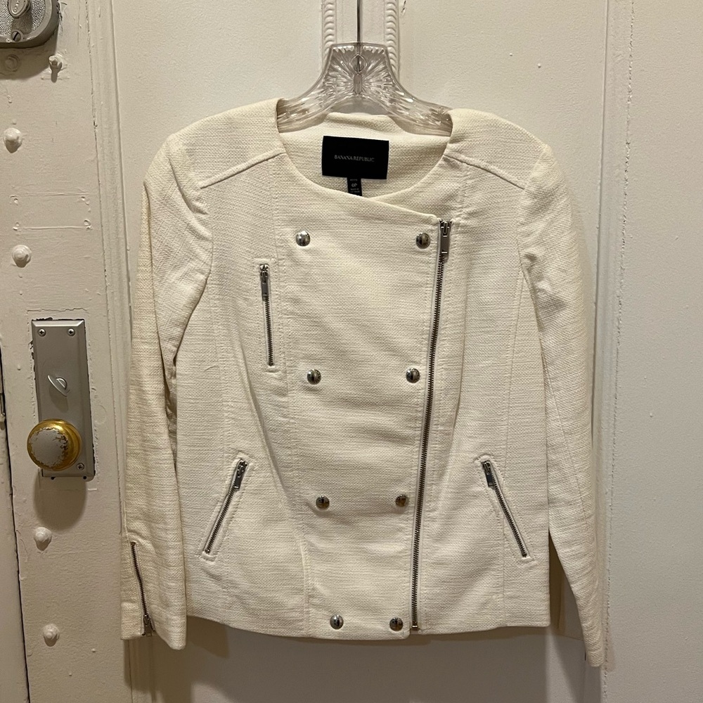Banana Republic Ivory Tweed Double-Breasted Moto Jacket